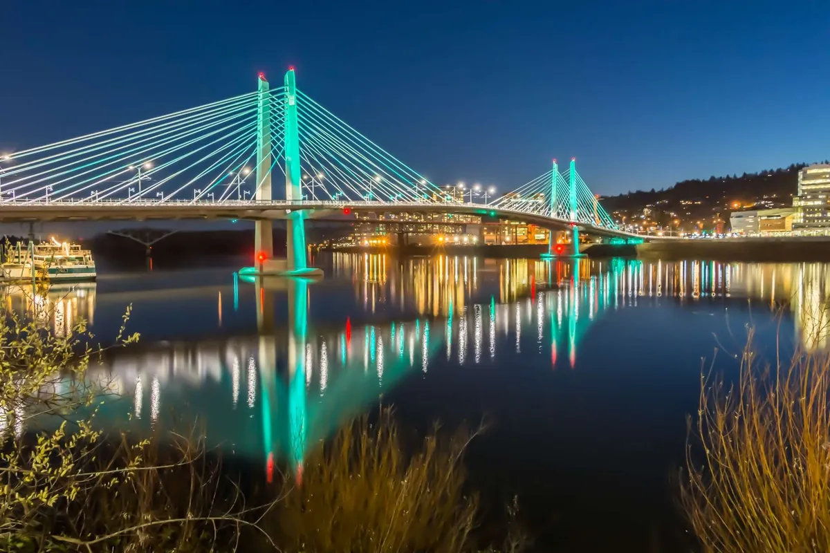 An atmospheric nighttime exterior scene showcasing an illuminated bridge, serene reflections on the water, and the city lights in the background. The image is dynamic yet peaceful, capturing the allure of nearby urban adventures.