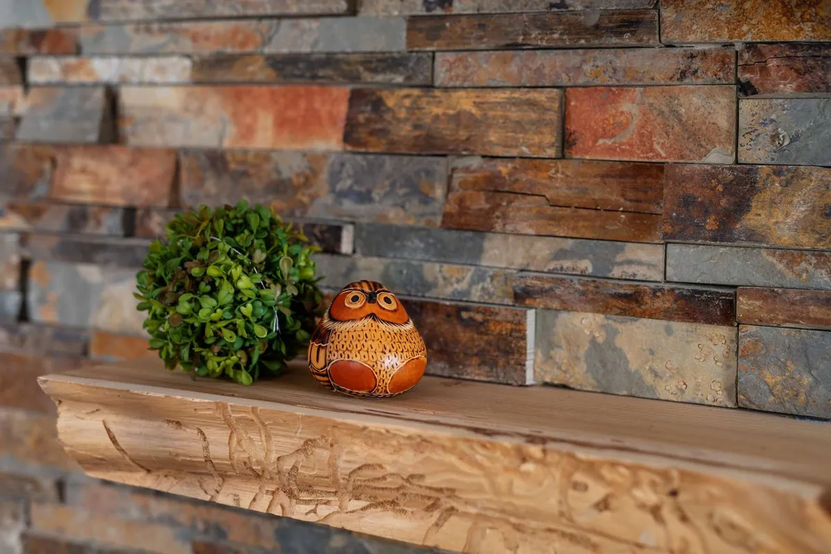 A wooden shelf decorated with a green plant and a whimsical owl figurine exudes a welcoming, homey atmosphere. Soft lighting and casual decor hint at a space where guests can unwind and reflect on their day's adventures.